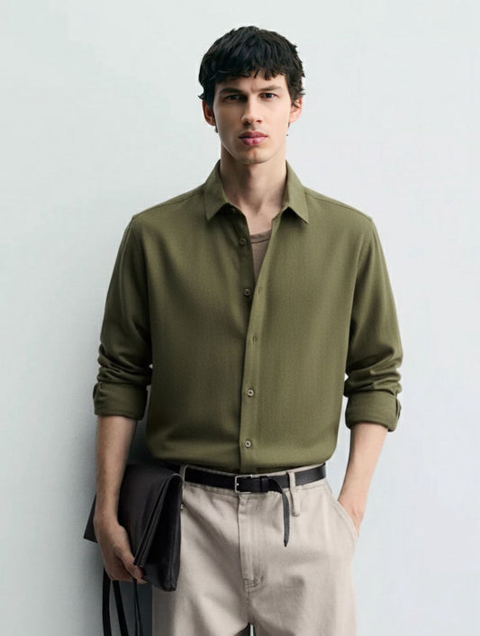 Old Money Men's Olive Green Cotton Shirt