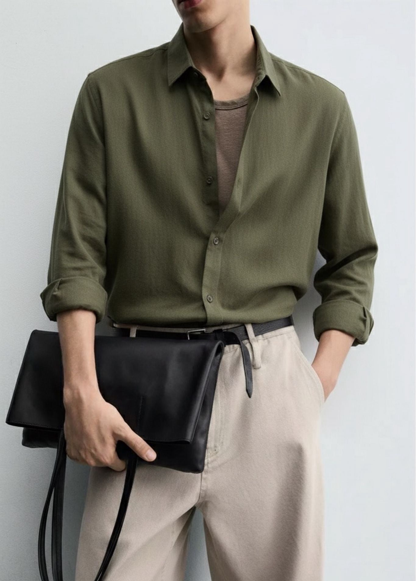 Old Money Men's Olive Green Cotton Shirt