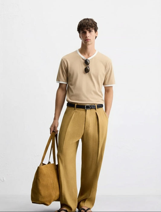 Old Money Men's Beige Ringer Cotton T-Shirt