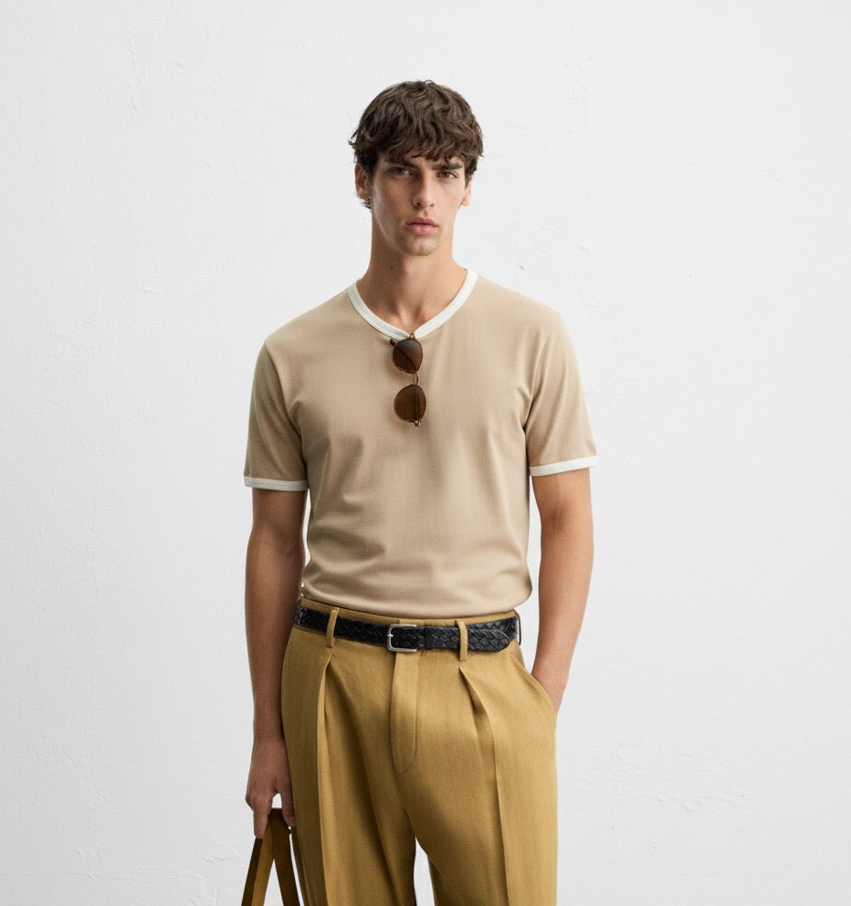 Old Money Men's Beige Ringer Cotton T-Shirt