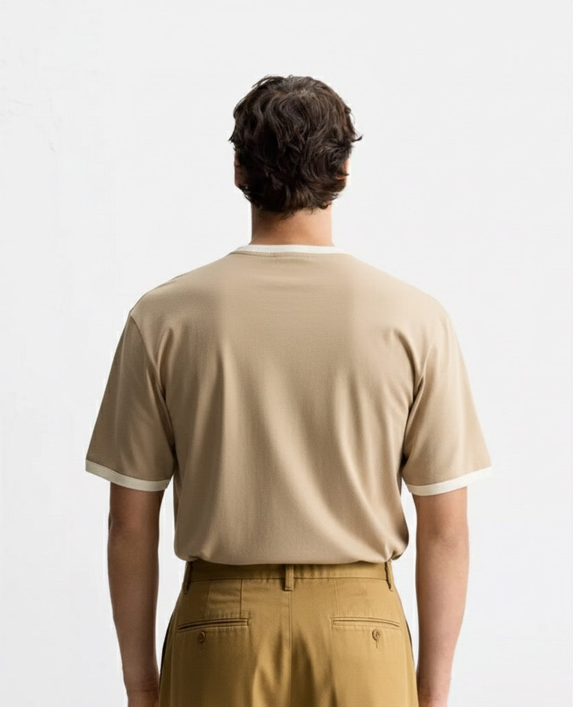 Old Money Men's Beige Ringer Cotton T-Shirt