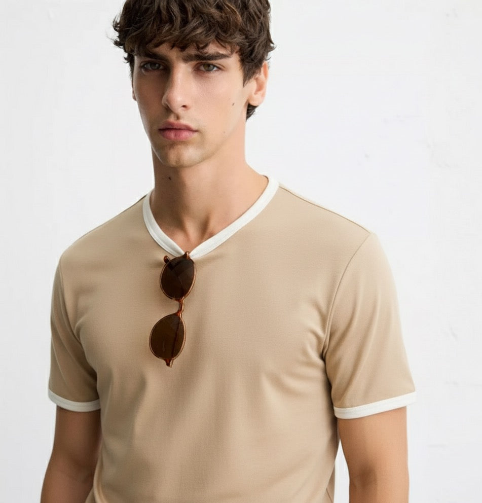 Old Money Men's Beige Ringer Cotton T-Shirt