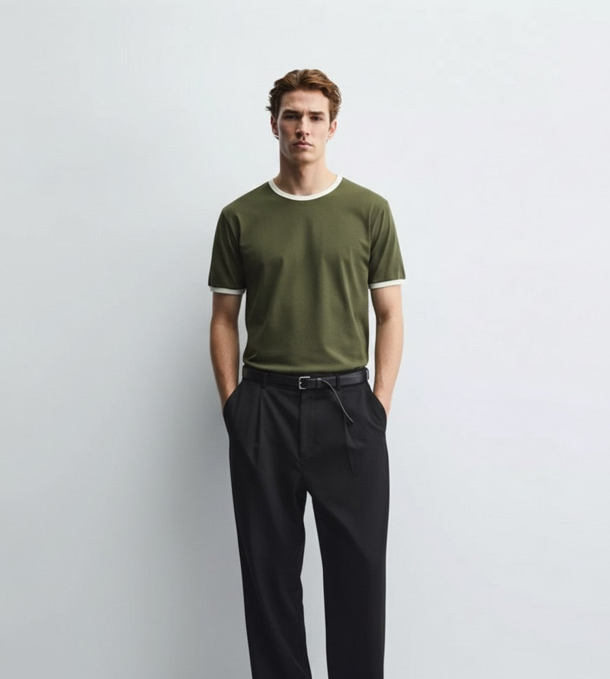 Old Money Men's Khaki Green Ringer Cotton T-Shirt