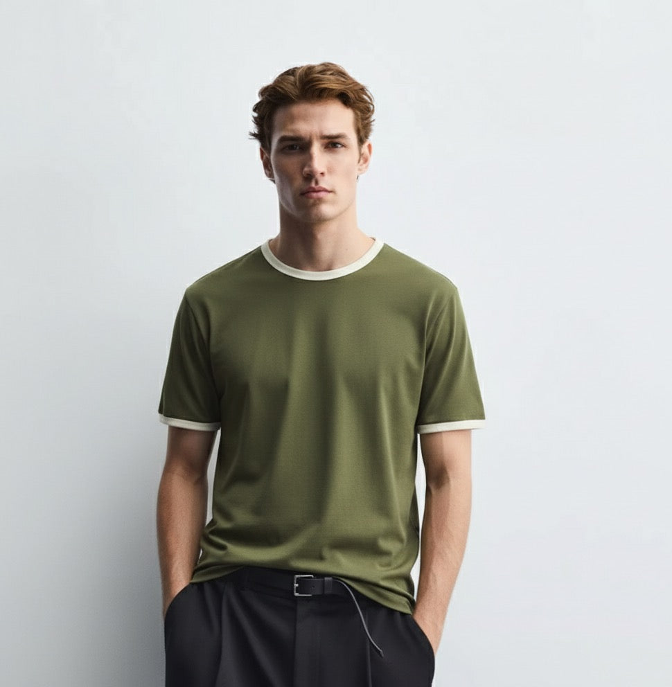 Old Money Men's Khaki Green Ringer Cotton T-Shirt