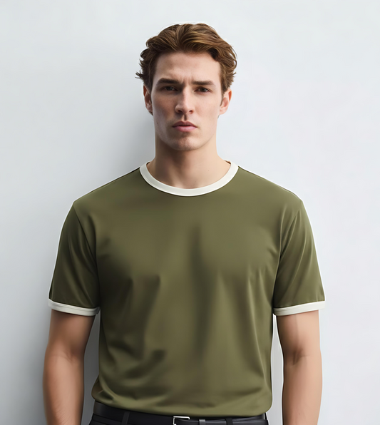 Old Money Men's Khaki Green Ringer Cotton T-Shirt