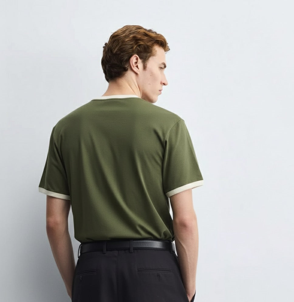 Old Money Men's Khaki Green Ringer Cotton T-Shirt