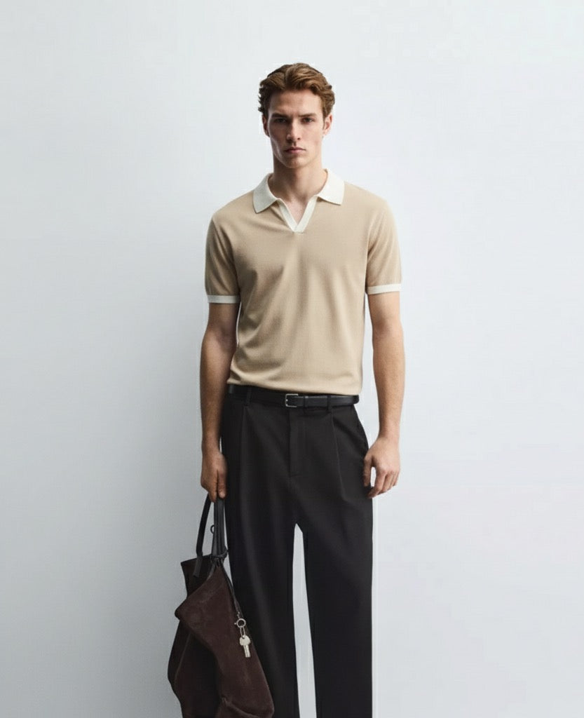 Old Money Men's Beige Knit Polo Shirt