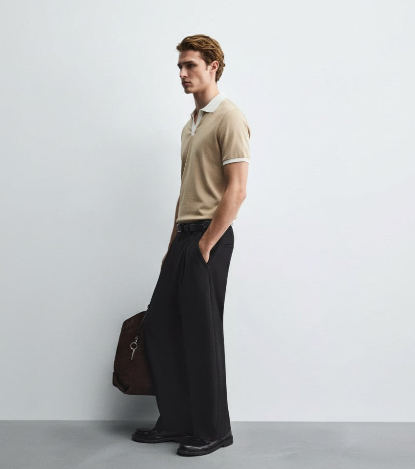 Old Money Men's Beige Knit Polo Shirt