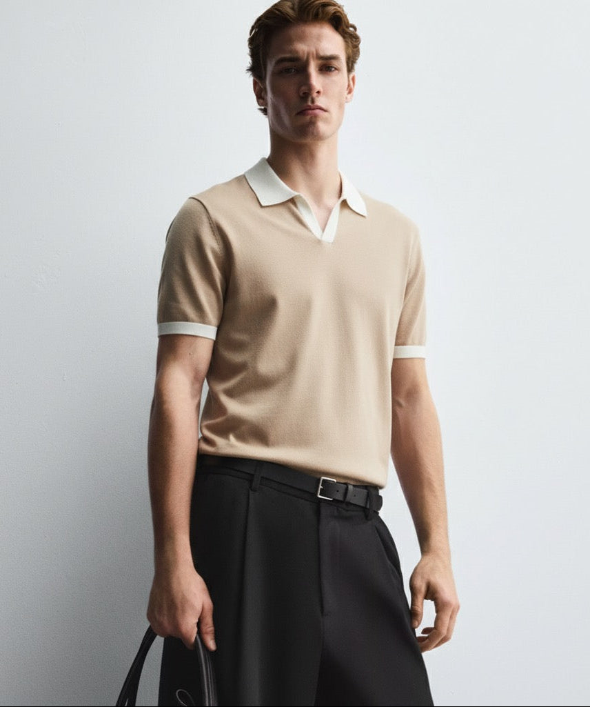 Old Money Men's Beige Knit Polo Shirt