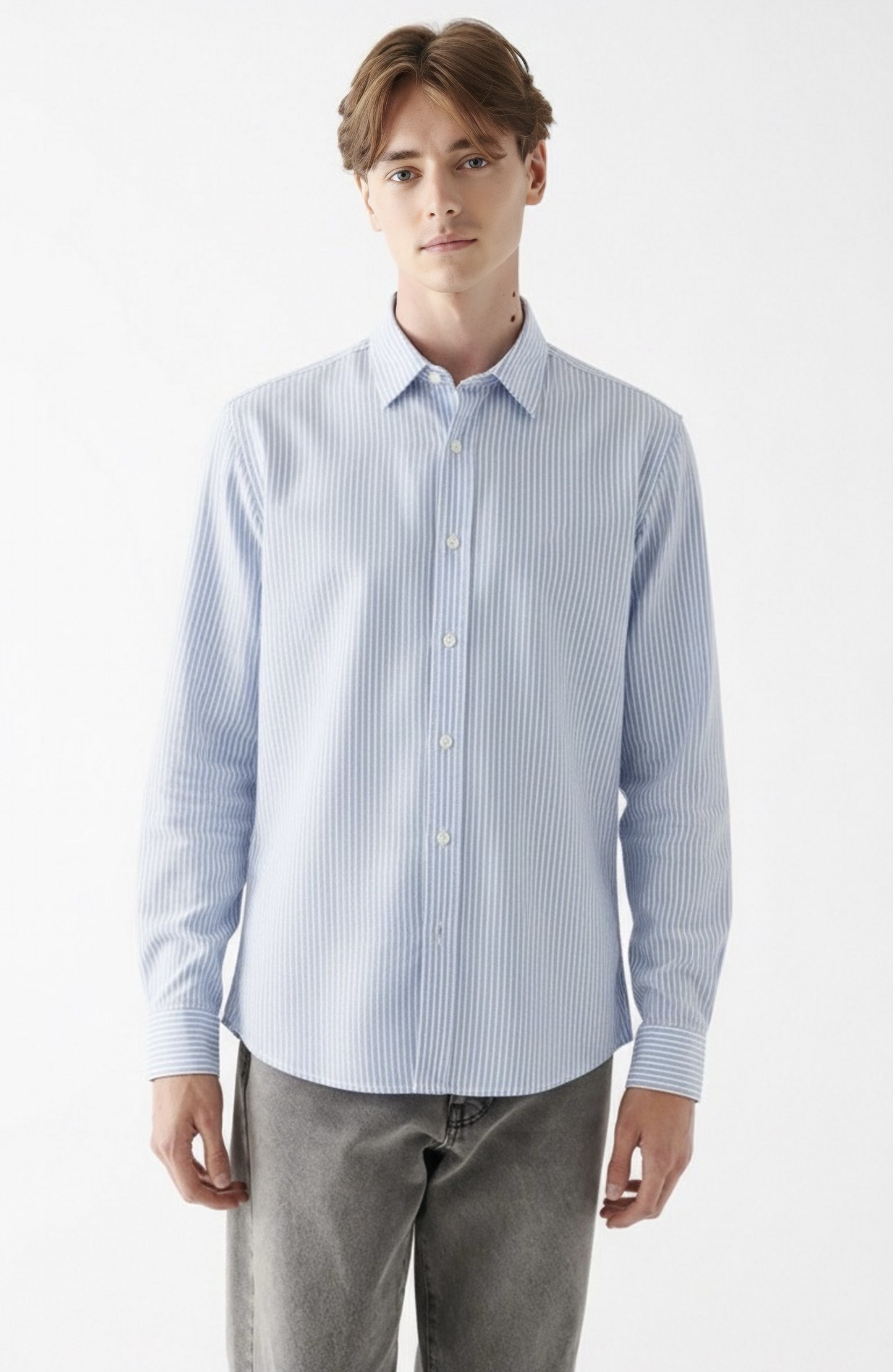 Old Money Men's Light Blue Striped Cotton Shirt - Classic Long Sleeve