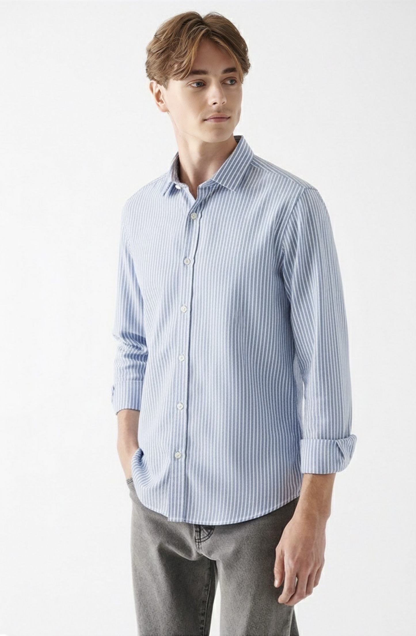 Old Money Men's Light Blue Striped Cotton Shirt - Classic Long Sleeve