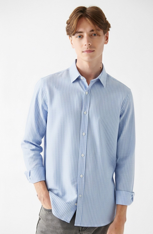 Old Money Men's Light Blue Striped Cotton Shirt - Classic Long Sleeve