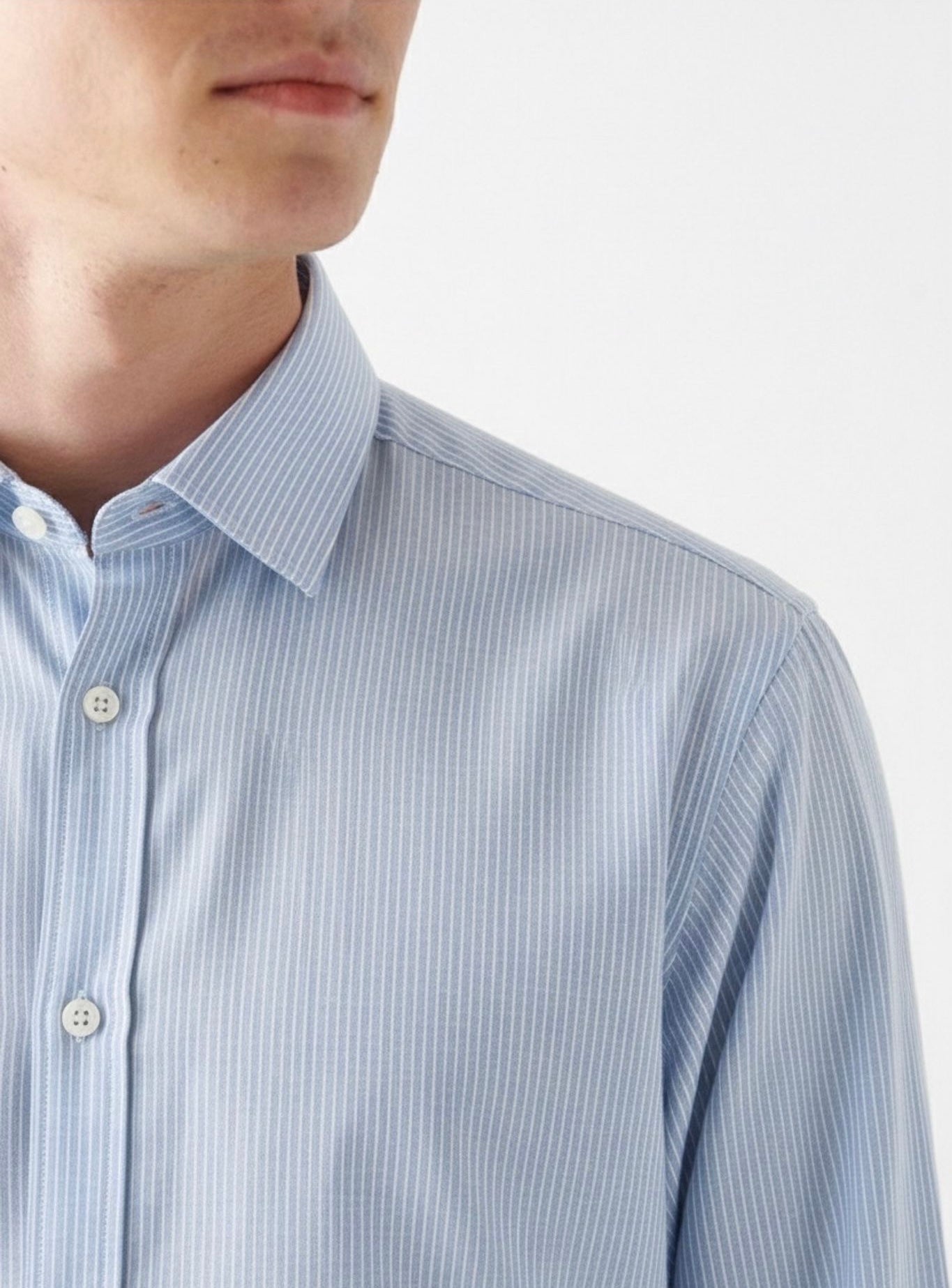 Old Money Men's Light Blue Striped Cotton Shirt - Classic Long Sleeve